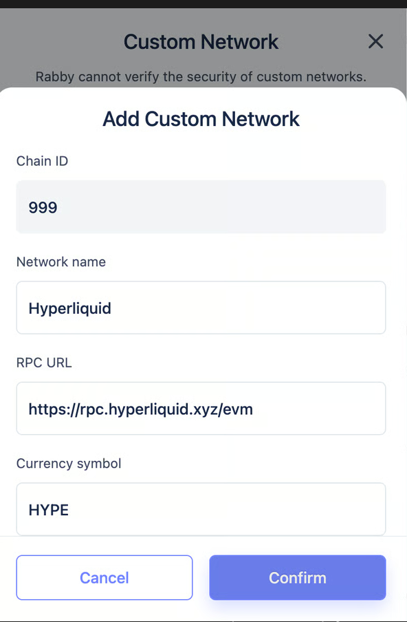 Добавление HyperEVM в кошелек Добавление HyperEVM в кошелек